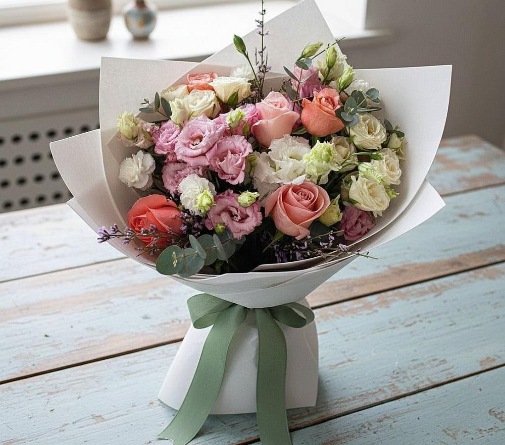 Букет цветов из: Розы, Лизиантусы и Гвоздики в Черницыне