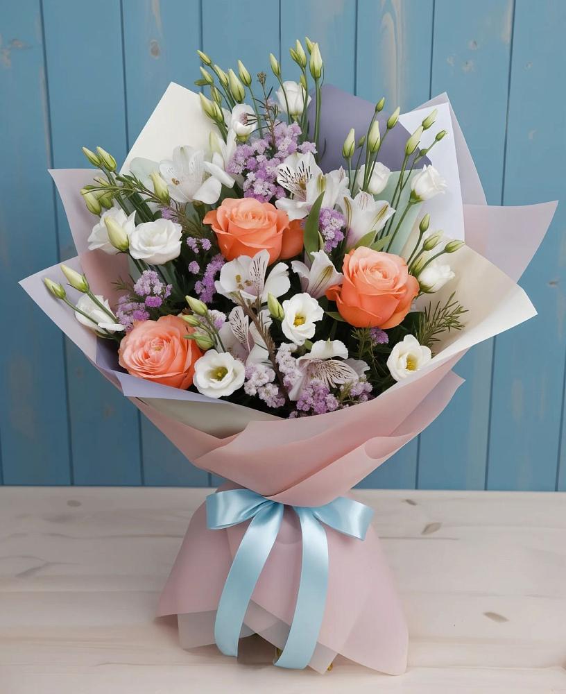 Букет цветов из: Лизиантусы, Розы, Альстромерии и Гипсофила в Черницыне