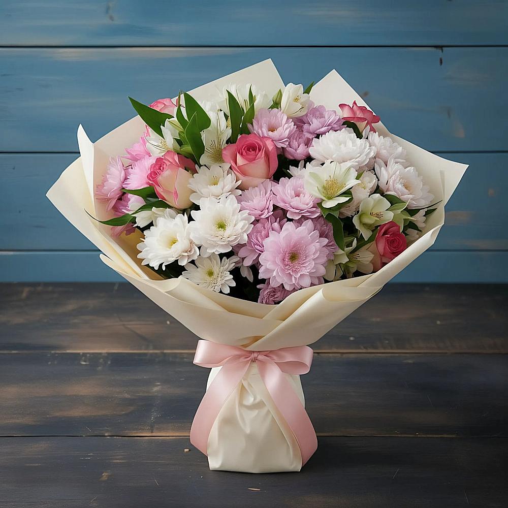 Букет цветов из: Хризантемы, Альстромерии и Розы в Черницыне